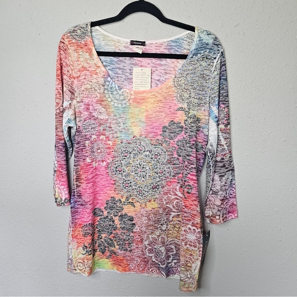 Cocomo Womens Tie Dye Floral Rhinestone Burnout 3/4 Sleeve Top NWT Rainbow Ombre